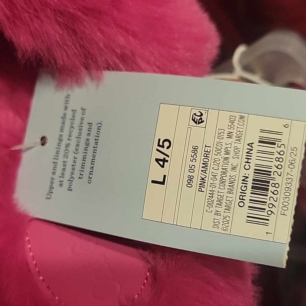 Cat & Jack Fuzzy Pink Slippers with Red Bow Size L (4/5) - Picture 9 of 9